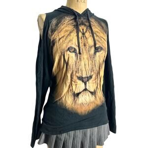 JC Fits Black Lion Graphic Hoodie Rhinestone Accents Size Large